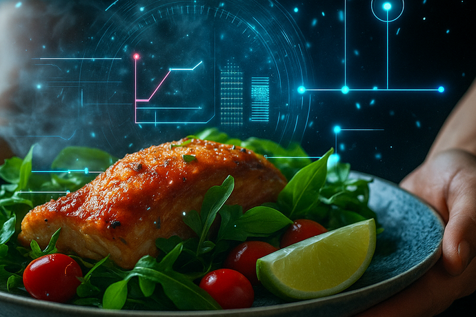 Gegrillter Lachs mit Salat, Tomaten und Zitrone, futuristisch mit digitalen Nährwert-Grafiken.