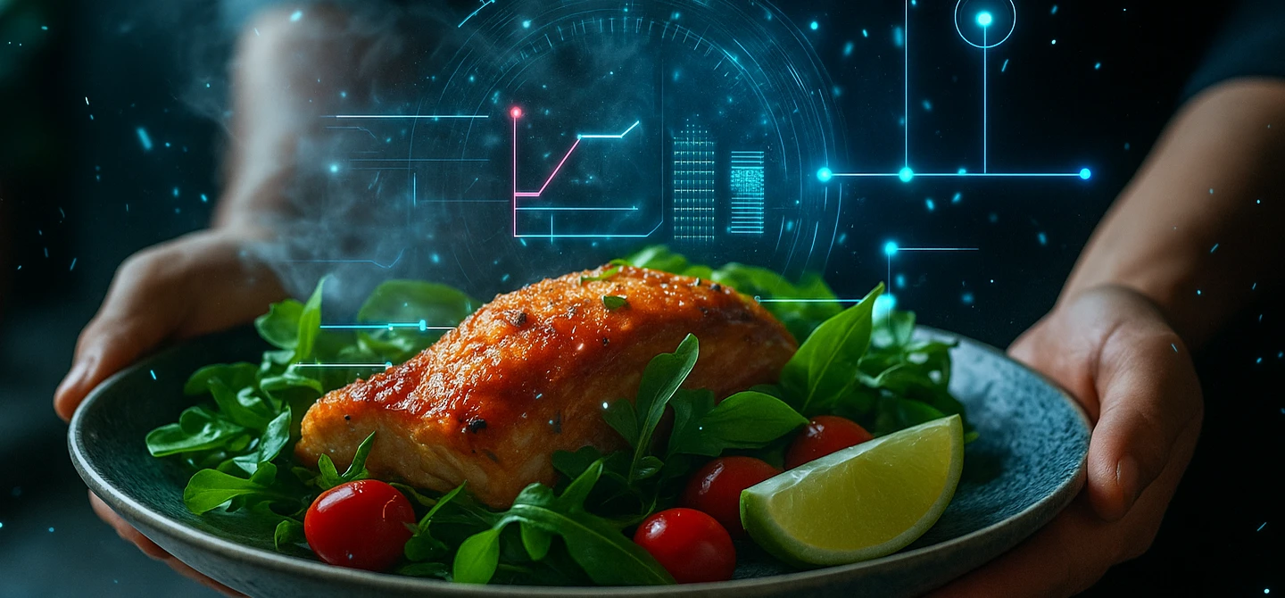 Gegrillter Lachs mit Salat, Tomaten und Zitrone, futuristisch mit digitalen Nährwert-Grafiken.