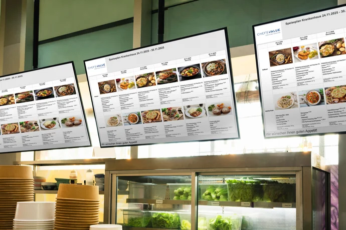 Monitor mit Ausweisung des Speiseplans in einer Kantine